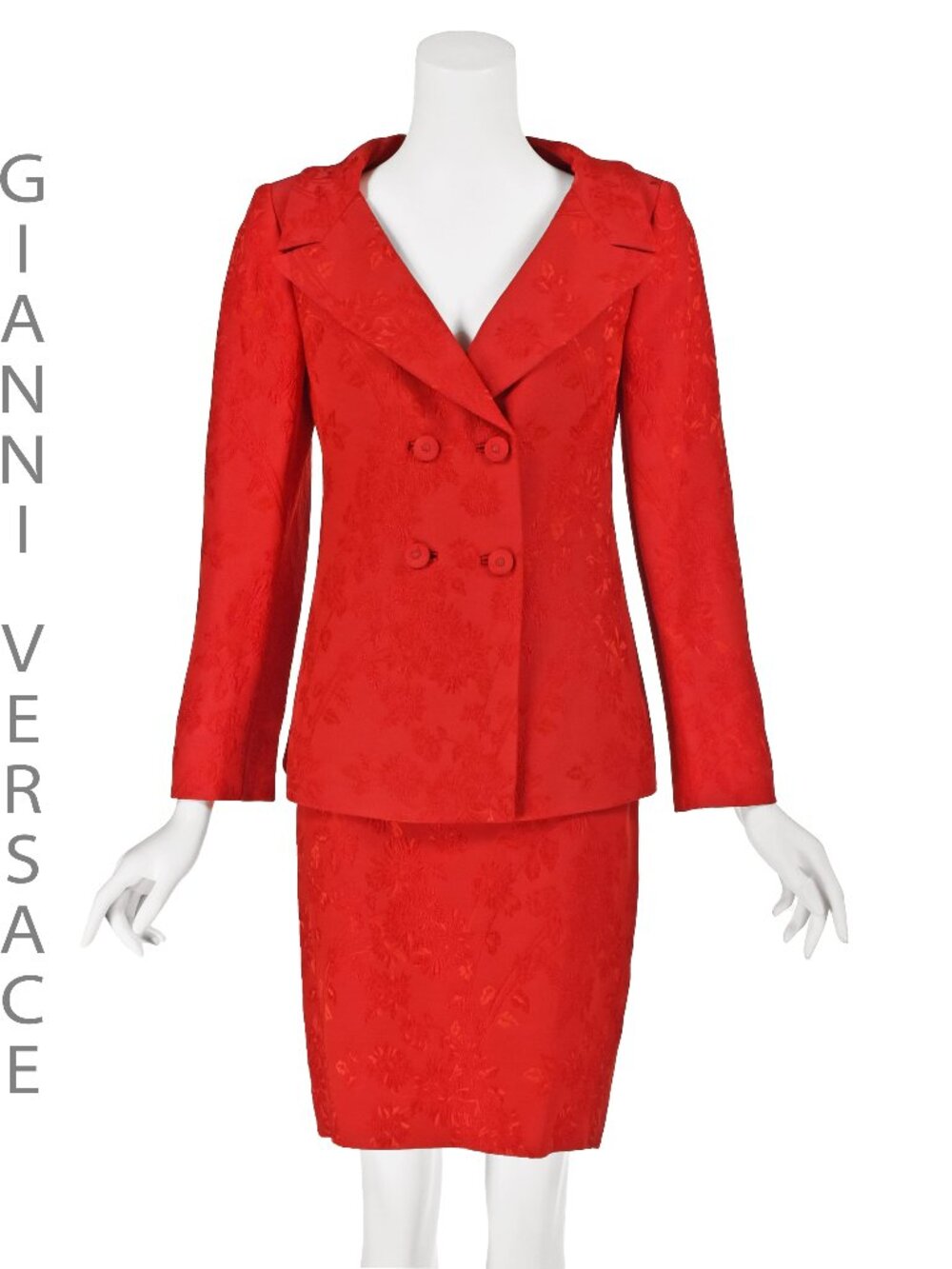 GIANNI VERSACE COUTURE Vintage Red Silk Jacquard Skirt Suit SZ6
